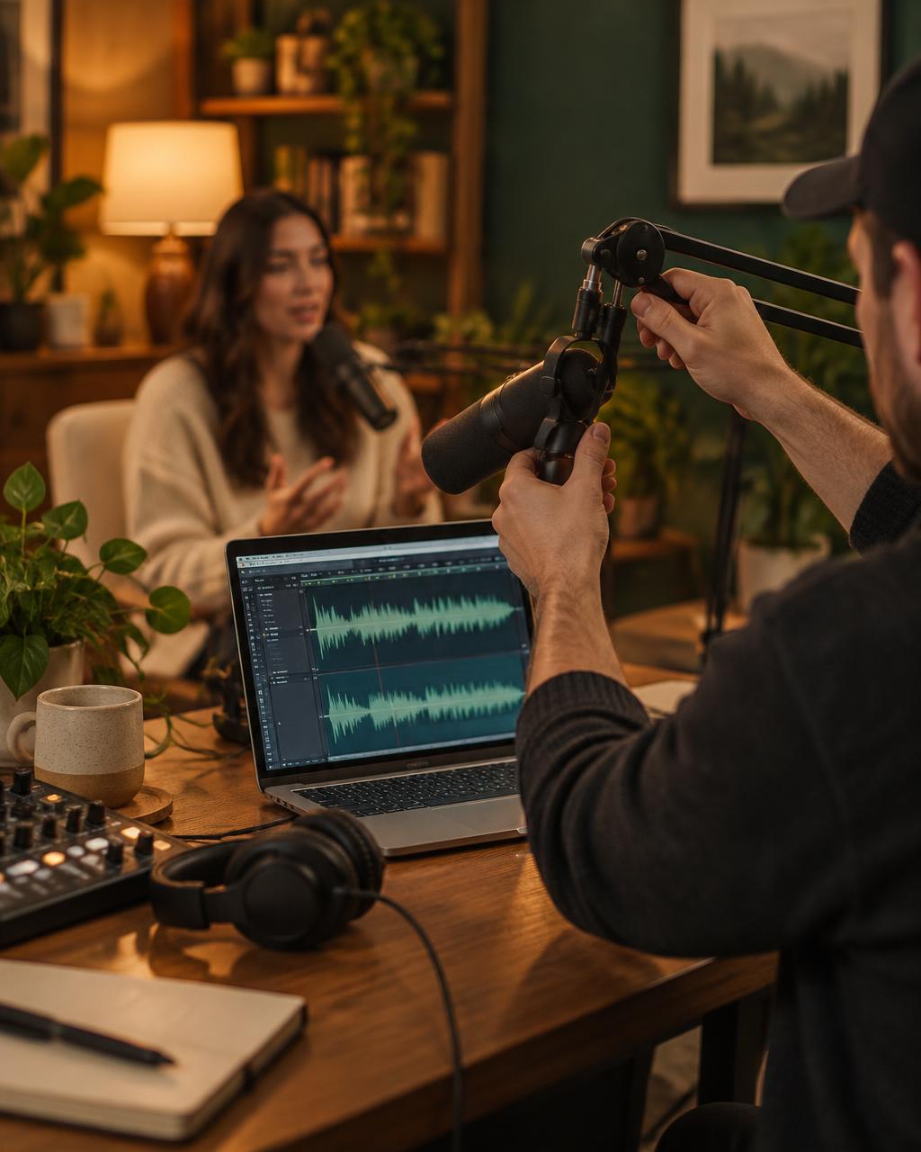 Productor ajustando el micrófono y la consola mientras una invitada graba al fondo